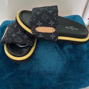 Louis Vuitton Black and Gold Monogram Slides